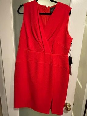 Adrianna Papell Red V-Neck Sleeveless Midi Sheath Dress